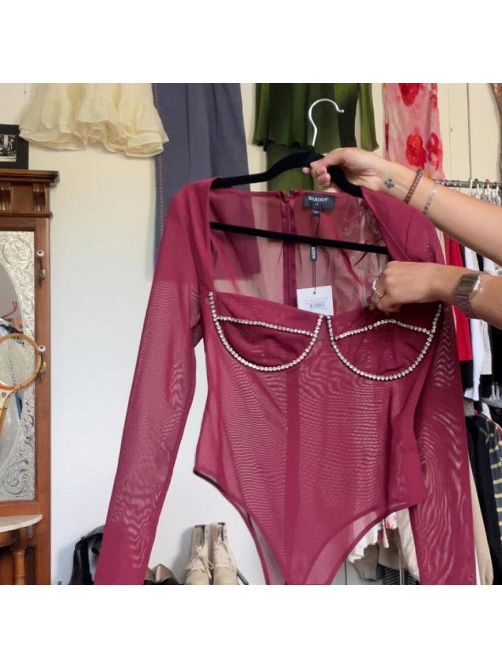 Bardot mesh rhinestone diamante burgundy bodysuit Size XL BNWT
